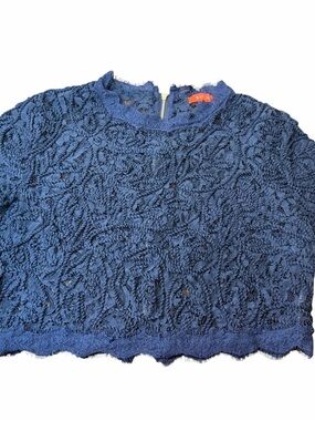 Banjul Navy Blue Floral Lace Top Scalloped Short Sleeve Back Zip Womens